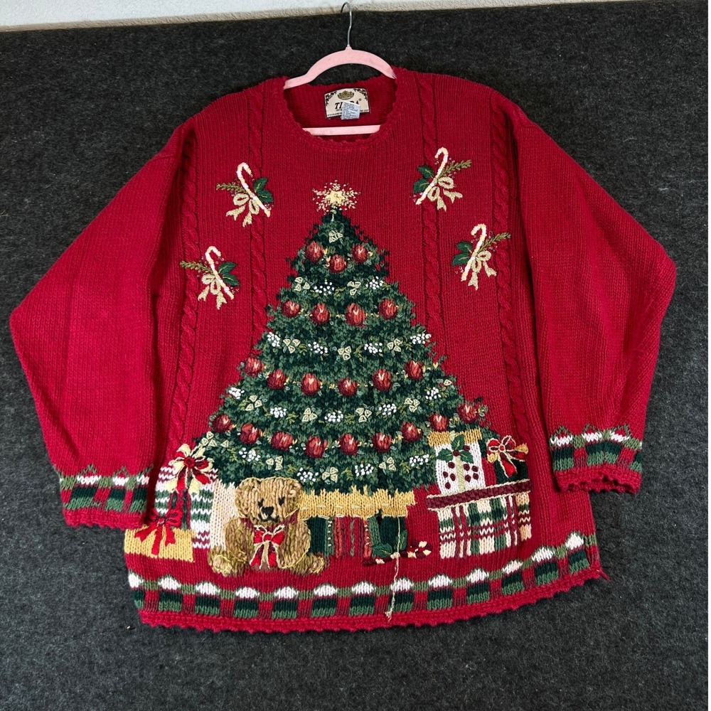 Vintage 90s Tiara International Red Christmas Sweater Womens Medium Ramie Blend